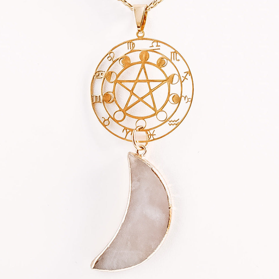 Large Moon Crystal Zodiac Moon Phase Statement Necklace