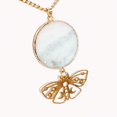 Round Crystal Moon Phase Butterfly Pendant Necklace