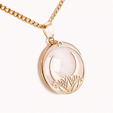 Rose Quartz Lotus Flower Moon Pendant Necklace